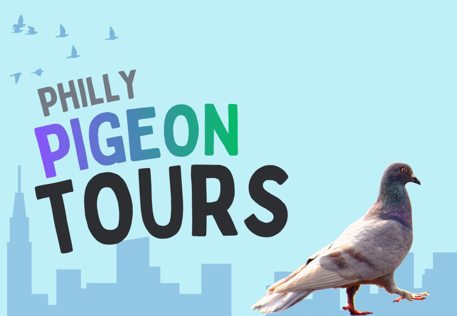 Silhouette of pigeons flying above a city, with the large text "Pigeon Tours"